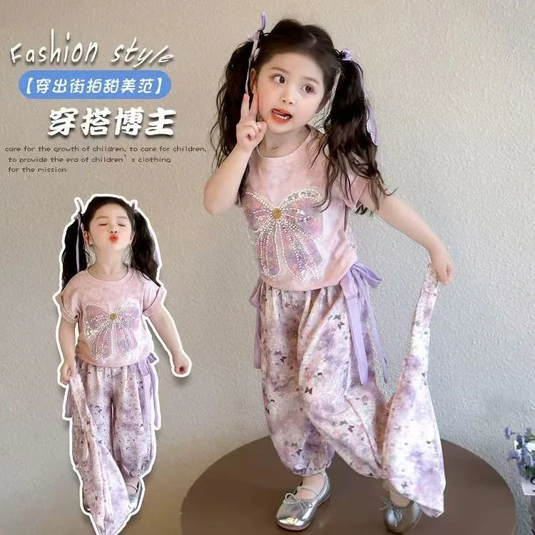 女童夏季套装2025新款洋气时髦儿童蝴蝶烫钻女宝宝夏装小女孩夏款