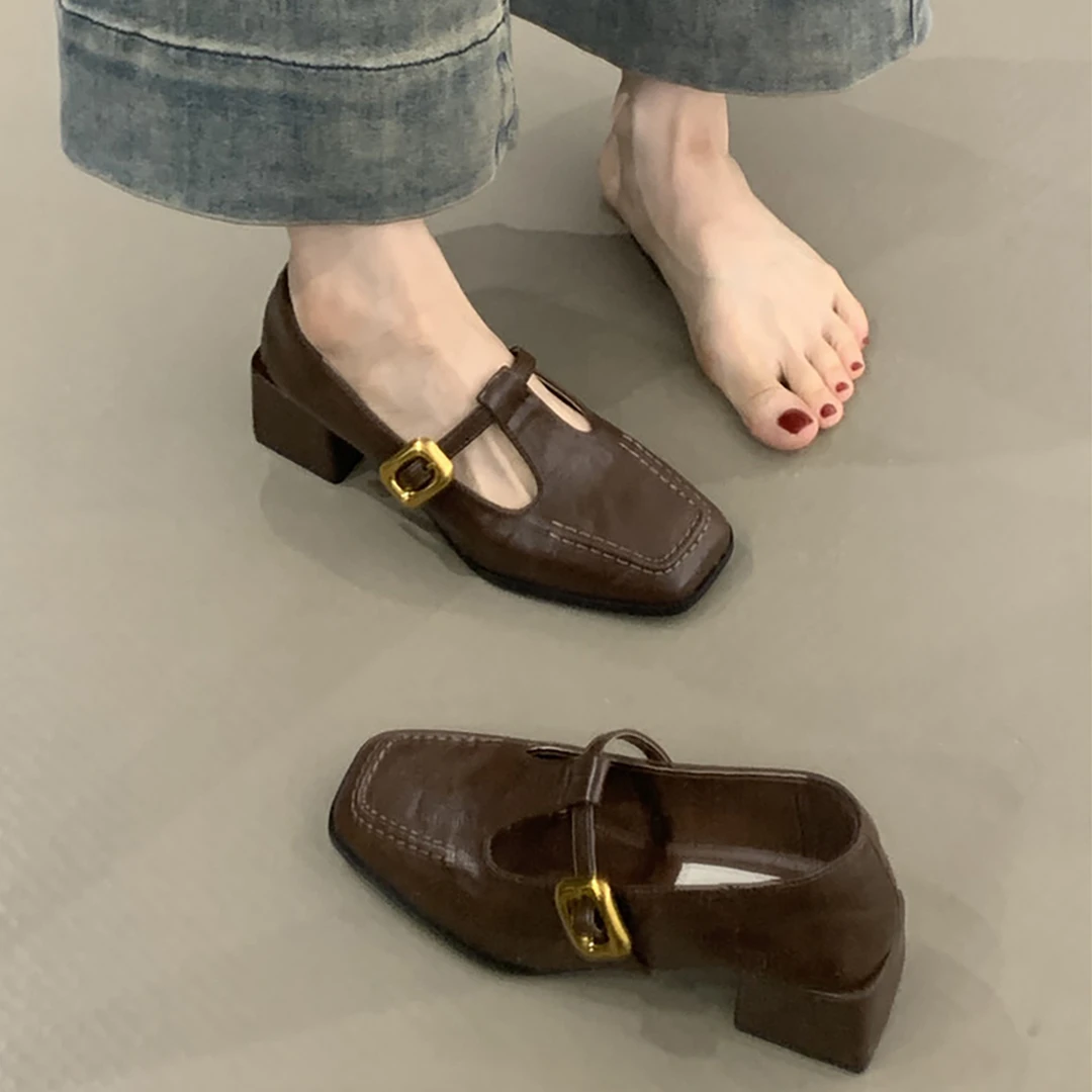 法式复古方头粗跟单鞋女春秋新款晚风韩版仙女高跟鞋玛丽珍小皮鞋