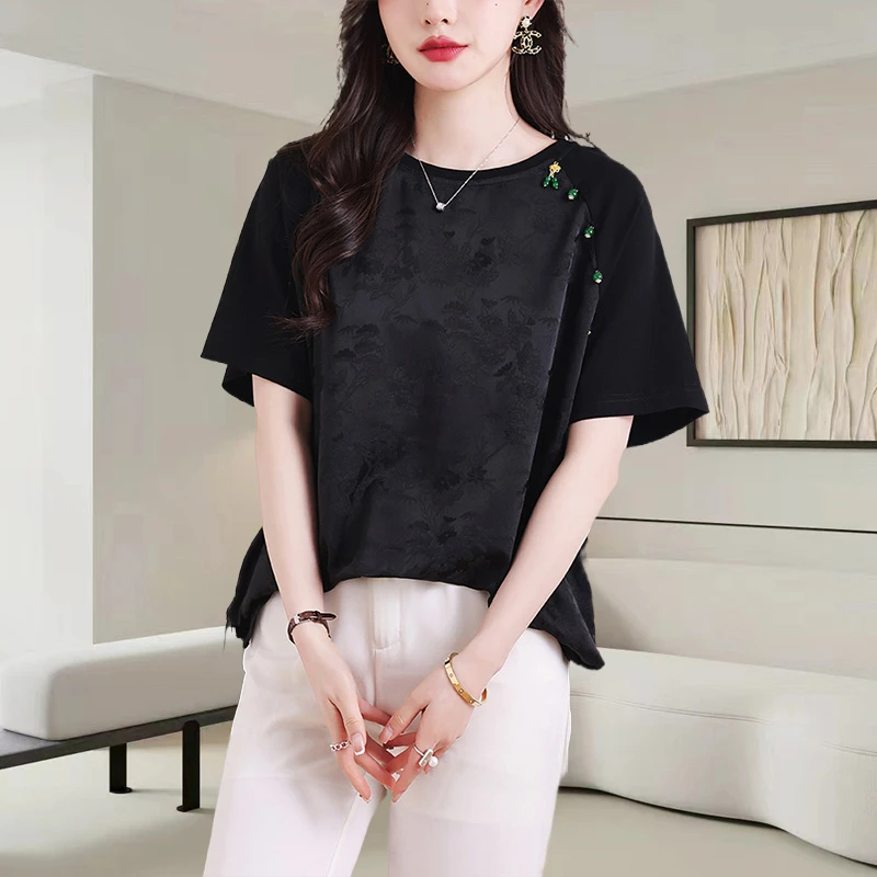 新中式国风提花拼接T恤女士2025夏季新款气质高级感宽松显瘦上衣