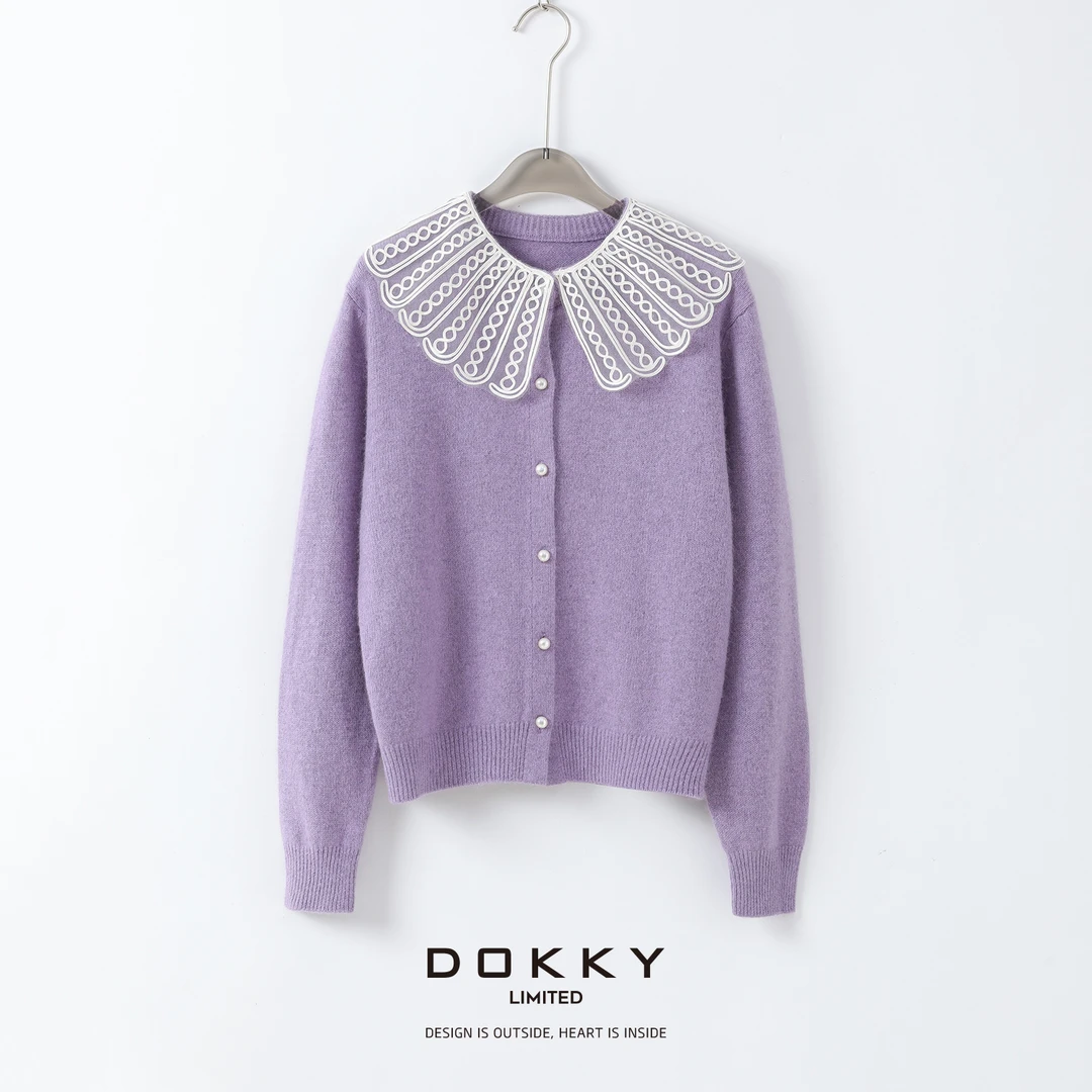 【25早春款新年战袍.伊丽莎白.紫标】DOKKY100绵羊毛蕾丝娃娃领毛衣