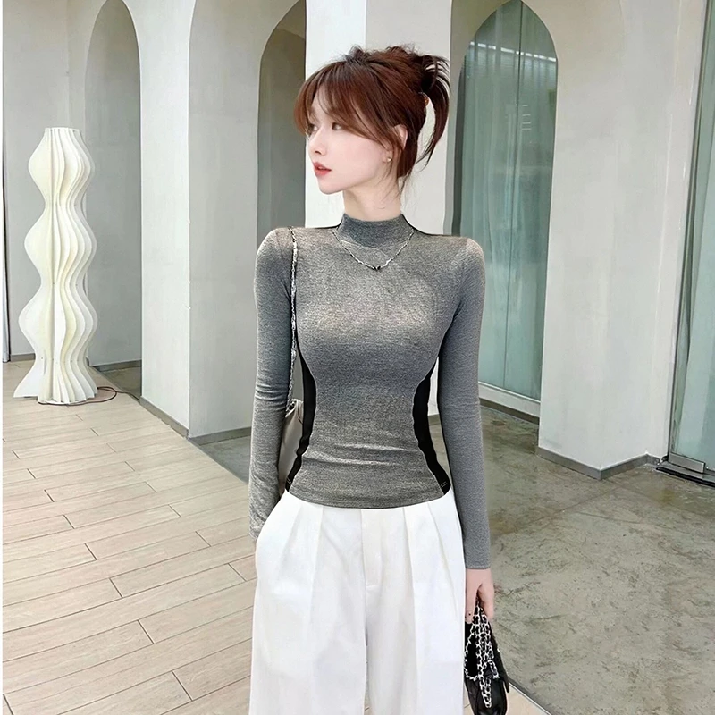 新款螺纹半高领拼色长袖t恤女2025春秋修身打底衫内搭收腰上衣潮