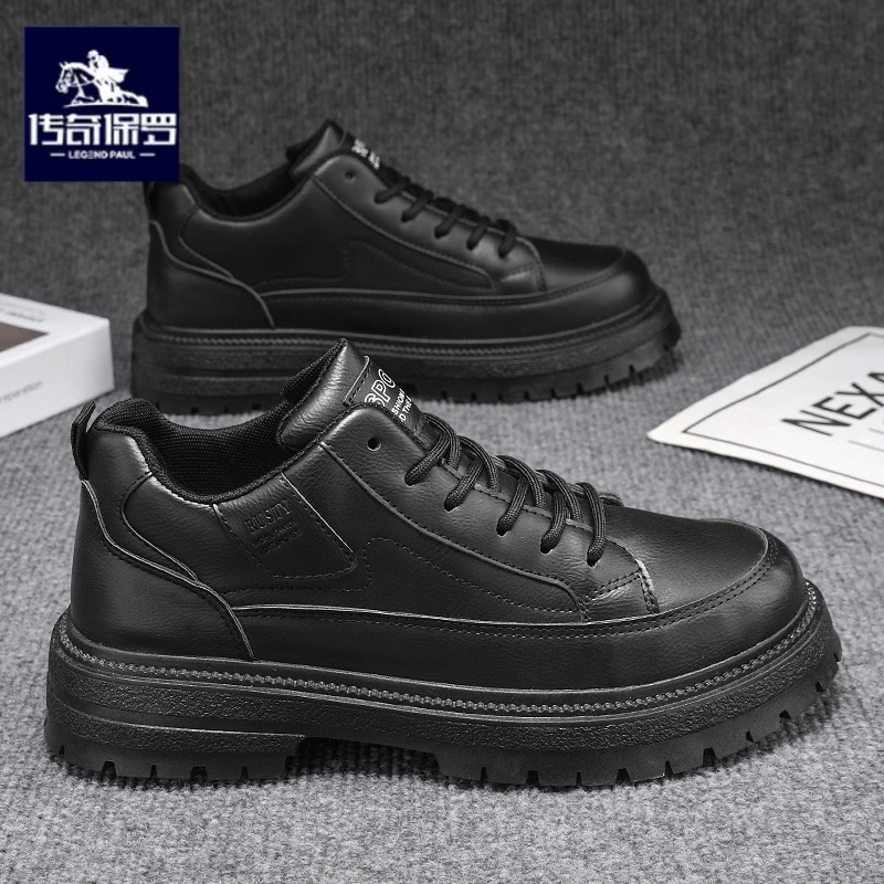 传奇保罗正版男鞋冬季黑色英伦风休闲皮鞋男户外低帮工装板鞋厚底