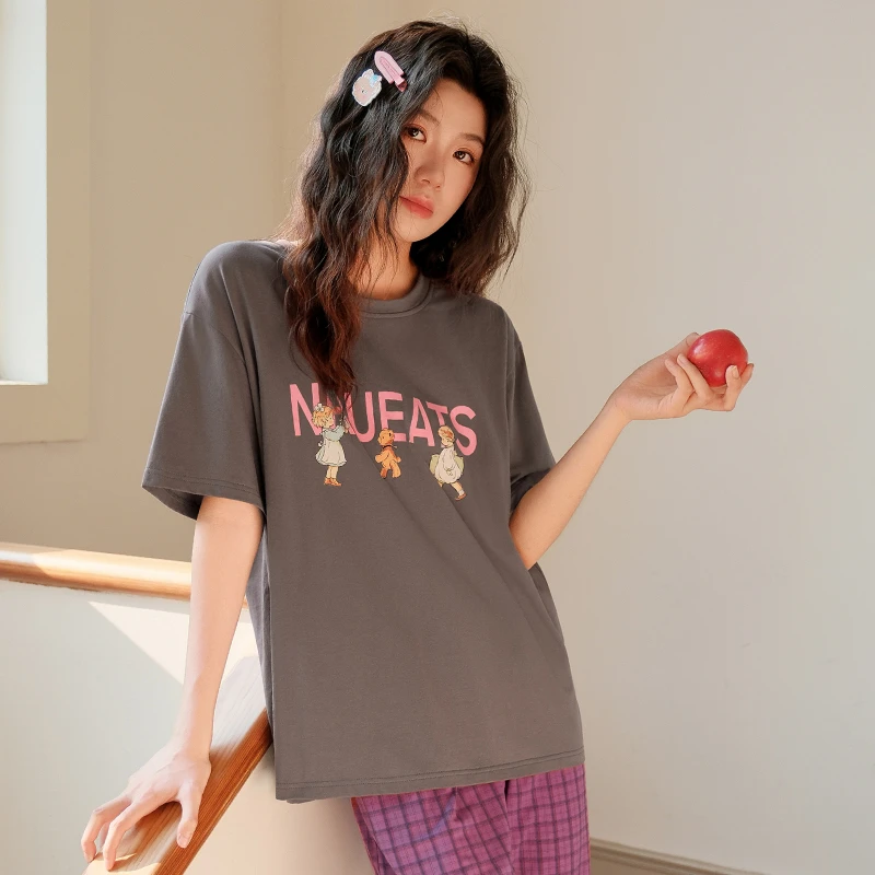 芬腾睡衣女款夏季短袖薄款圆领套头可外穿居家时尚格子家居服套装