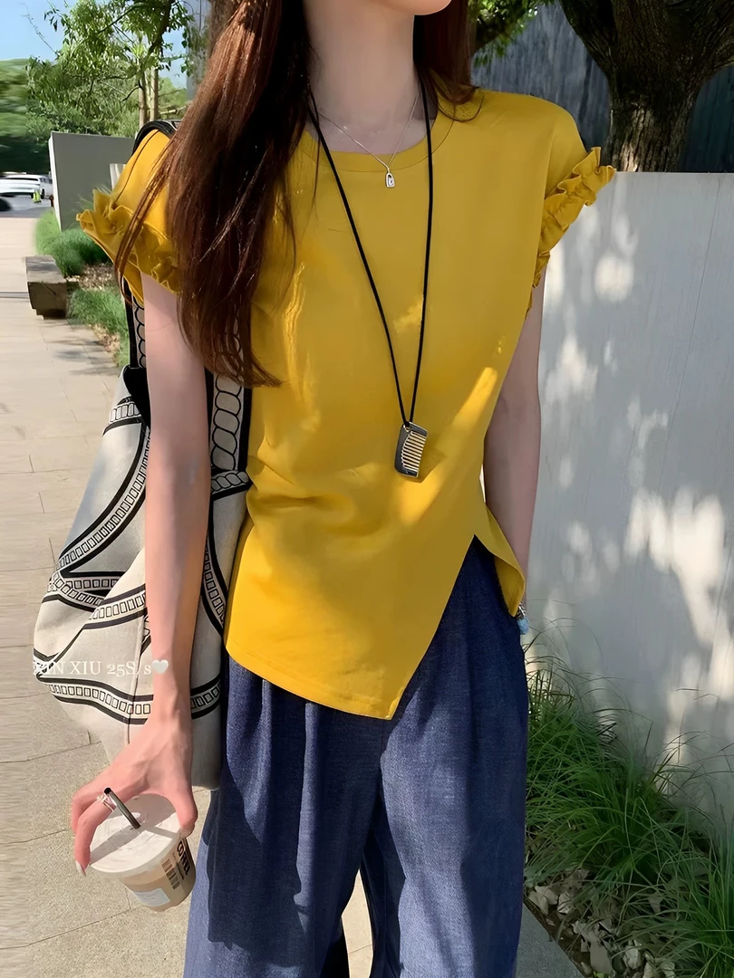 欧洲站短袖T恤女2025年夏季新品木耳边后背系绳不规则开叉小众ins