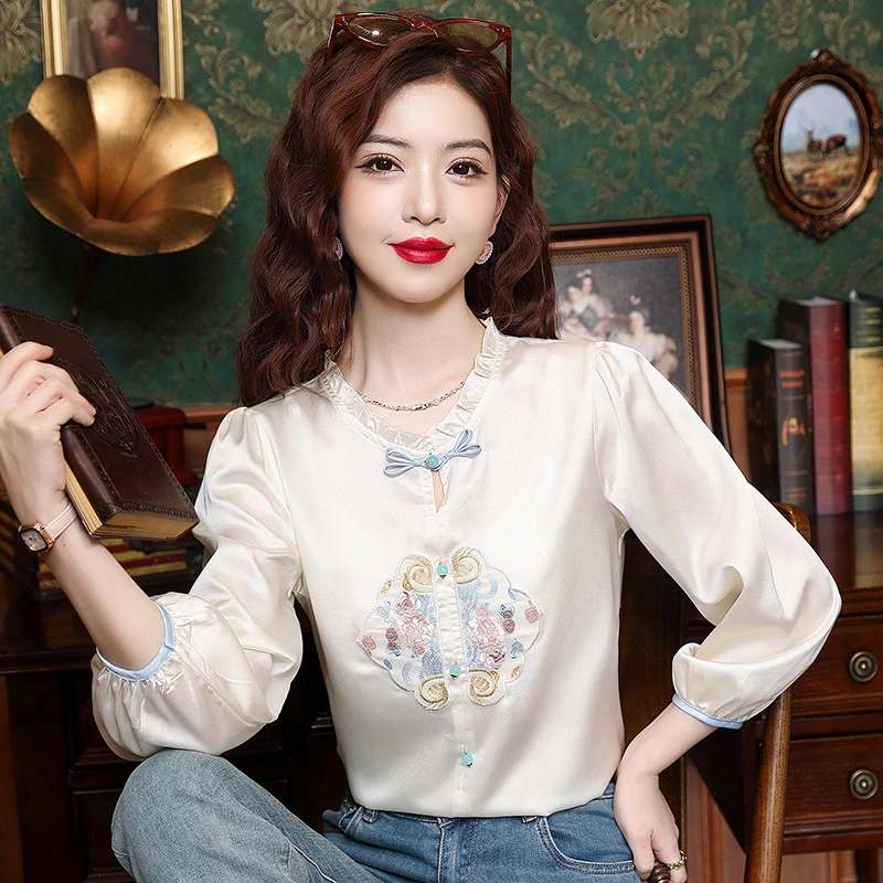 高级感醋酸缎面衬衫女春季新款妈妈装复古盘扣刺绣七分袖国风上衣