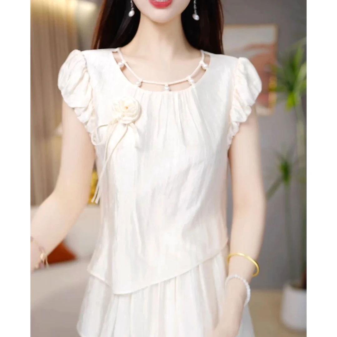 圆领显瘦时尚气质裙2025夏季新款洋气假两件收腰百搭设计连衣裙女