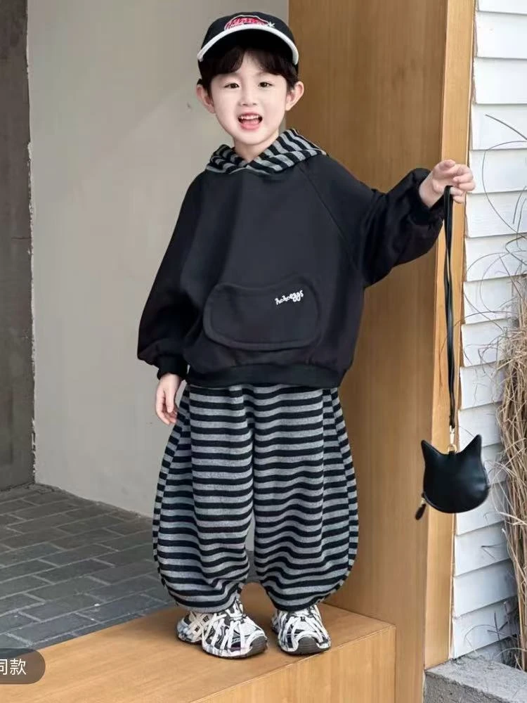 2025秋季新款儿童条纹卫衣套装男女宝宝韩版慵懒风休闲春秋两件套