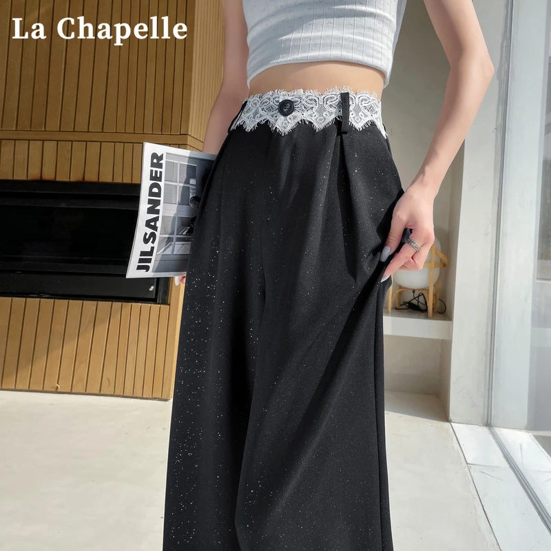 拉夏贝尔亮片西装阔腿裤女高腰垂感窄版直筒压褶西裤蕾丝花边裤子