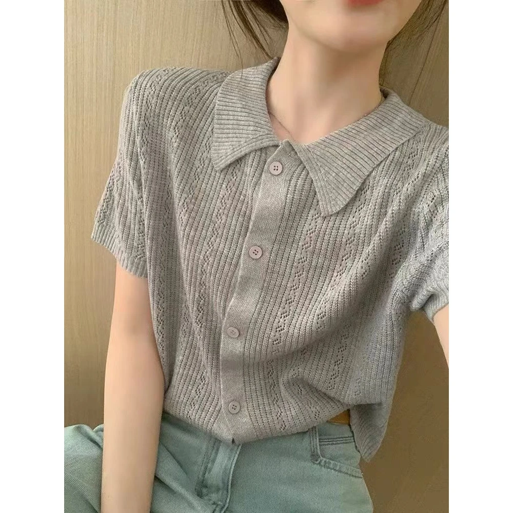 大码女装2025夏装新款POLO领针织上衣胖mm百搭冰丝短袖T恤50061