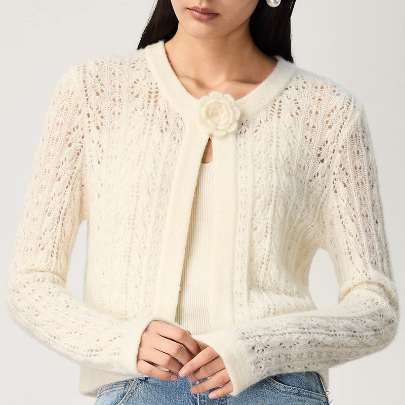 【绵羊毛】JASON WU2025秋冬新款时尚镂空立体花朵开衫针织衫小衫