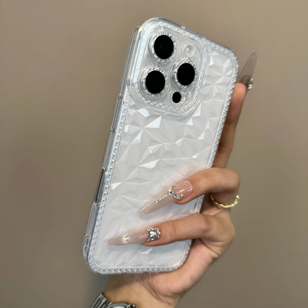 钻石纹碎钻框适用于苹果16promax手机壳15全包防摔透明14简约13
