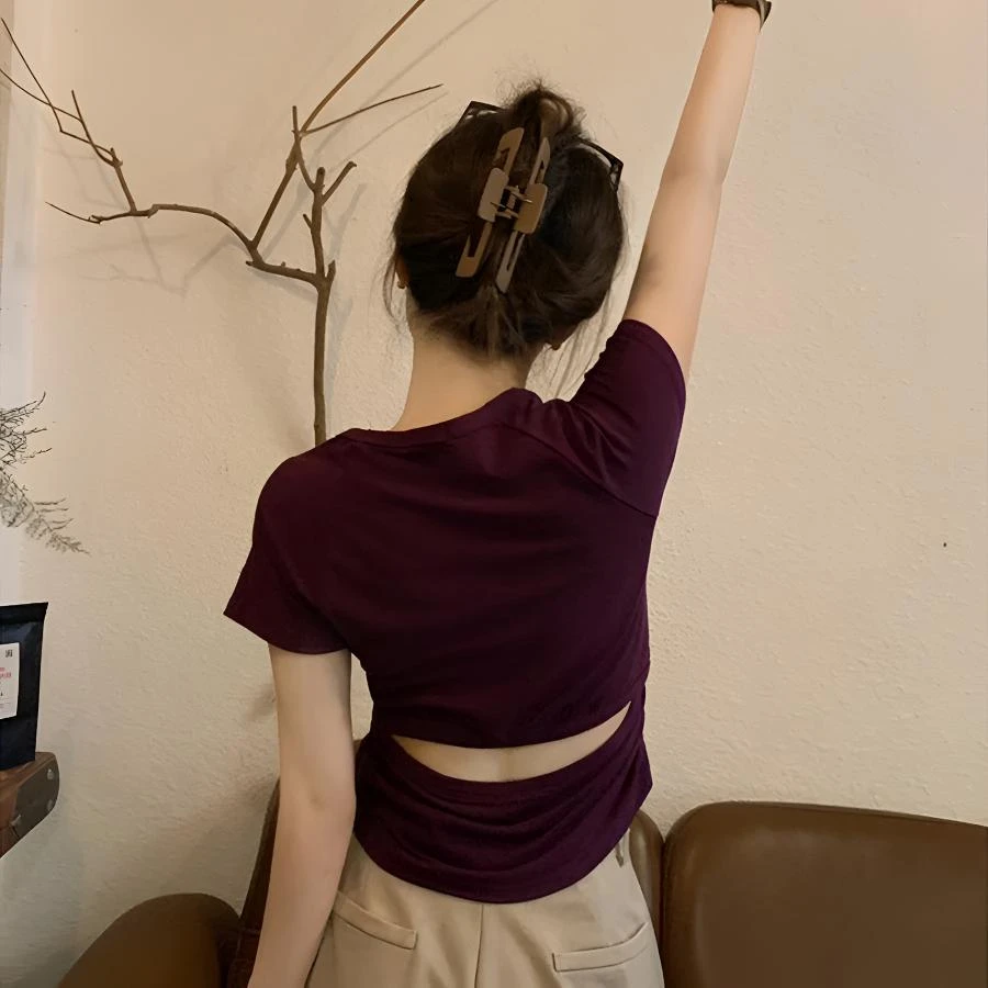 后背镂空露腰短袖t恤女初夏设计短款修身插肩袖辣妹上衣洋气衣服