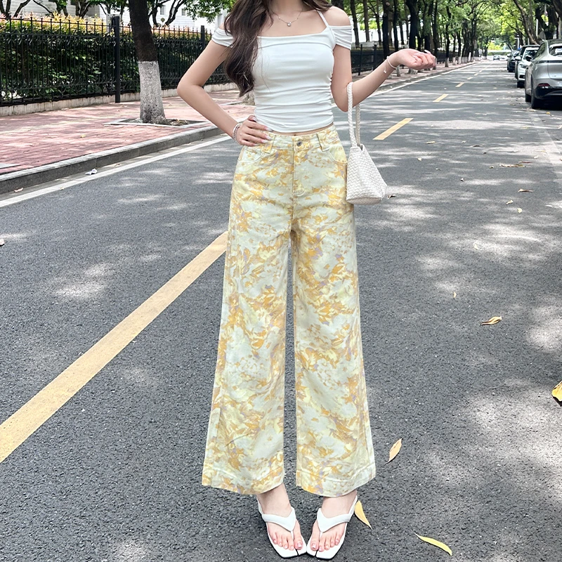 扎染印花直筒牛仔裤女2025秋薄款高腰显瘦垂感宽松小个子九分阔腿