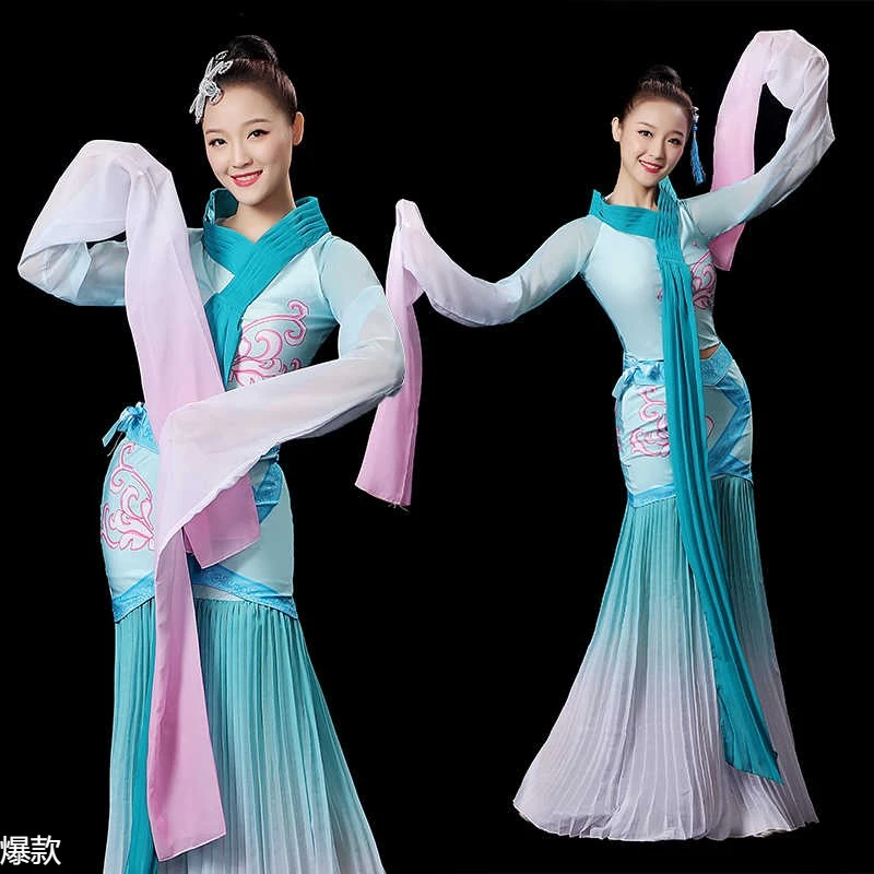 水袖舞蹈服古典舞原版采薇舞蹈服孔子舞惊鸿汉服飘逸甩袖演出服女