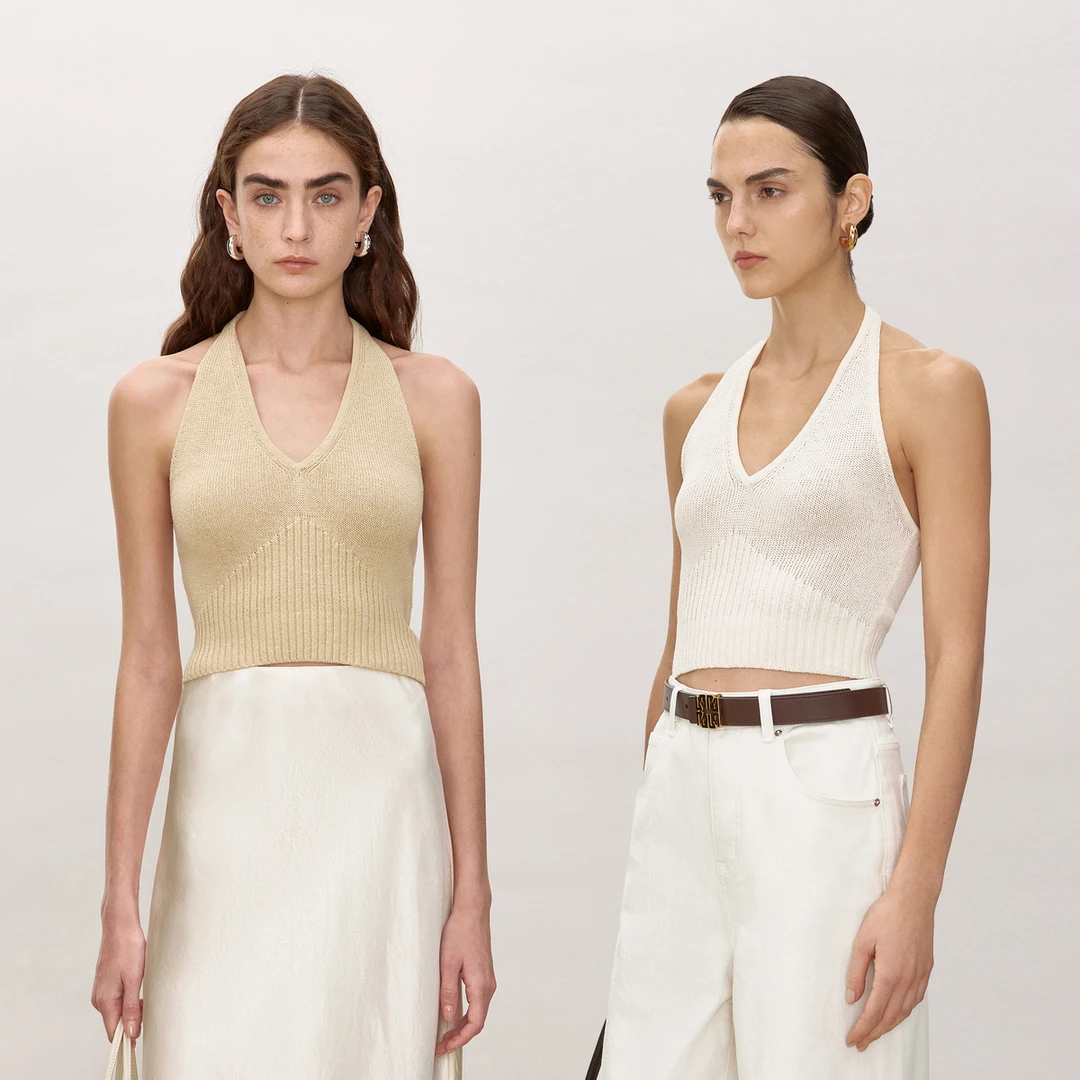 LYNEE 亚麻挂脖V领修身弹力针织背心女外穿百搭 LGD2FSK016