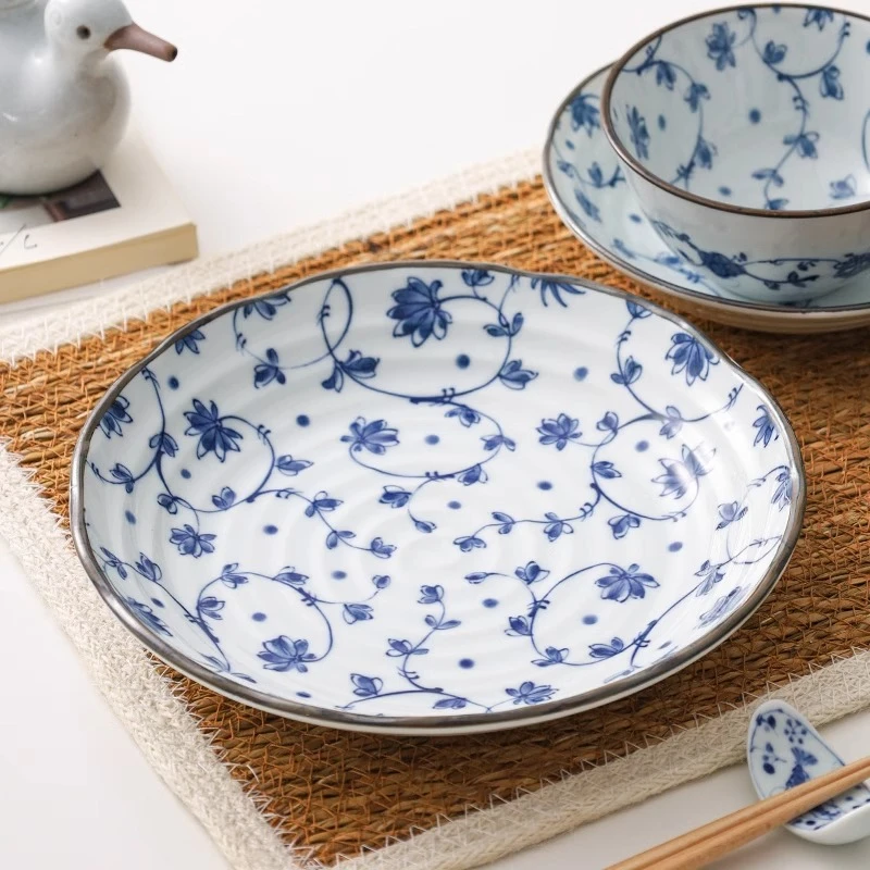 小鹿田烧日本进口有古窑陶瓷白唐草餐具