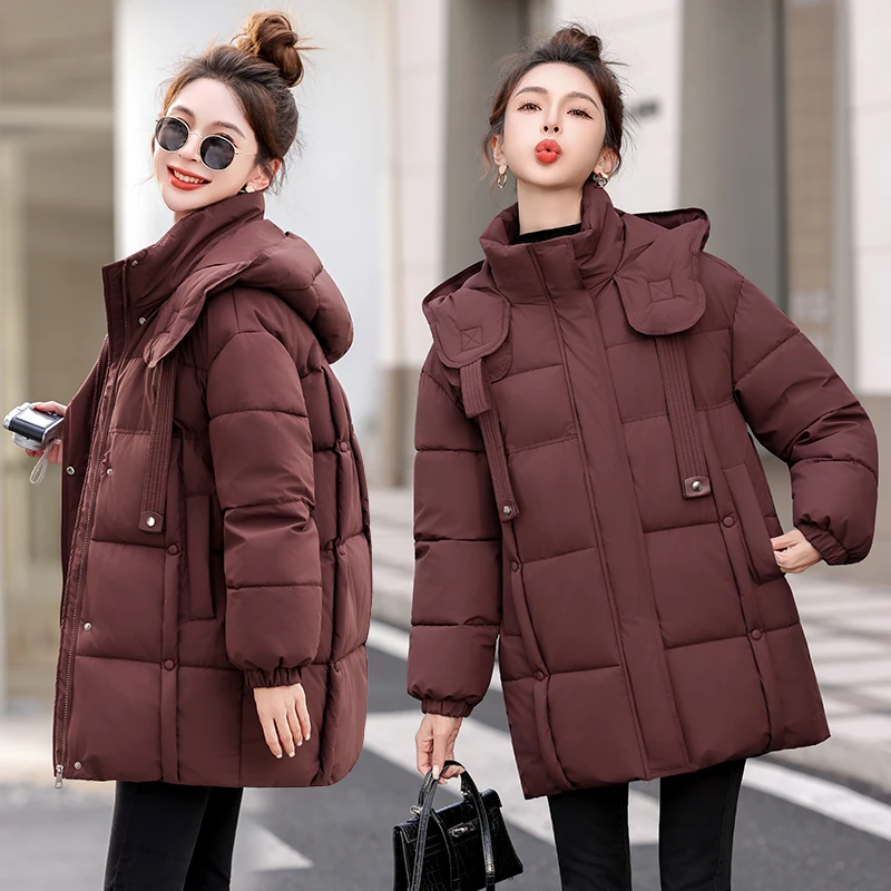 2025新款冬季加绒加厚保暖棉衣宽松中长款休闲连帽时尚女