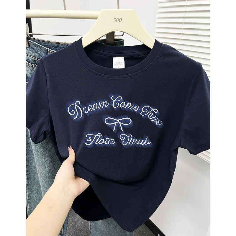 藏蓝色正肩圆领短袖T恤女2025夏新款韩版设计感字母印花百搭上衣