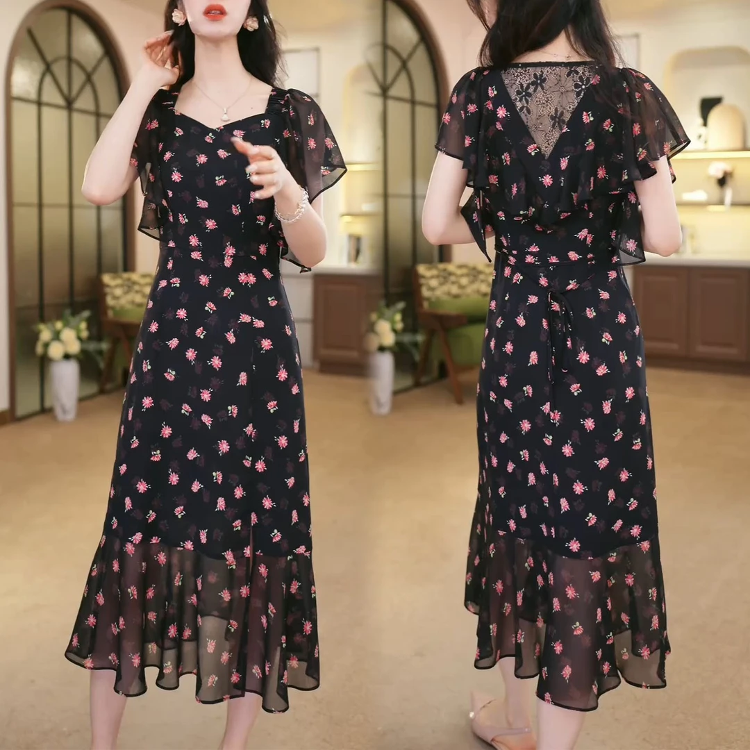 时尚法式设计感碎花休闲裙女2025夏季新款气质显瘦中长款连衣裙子