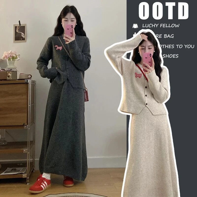 大码秋冬一整套ootd穿搭套装女慵懒软糯针织毛衣半身裙两件套裙装