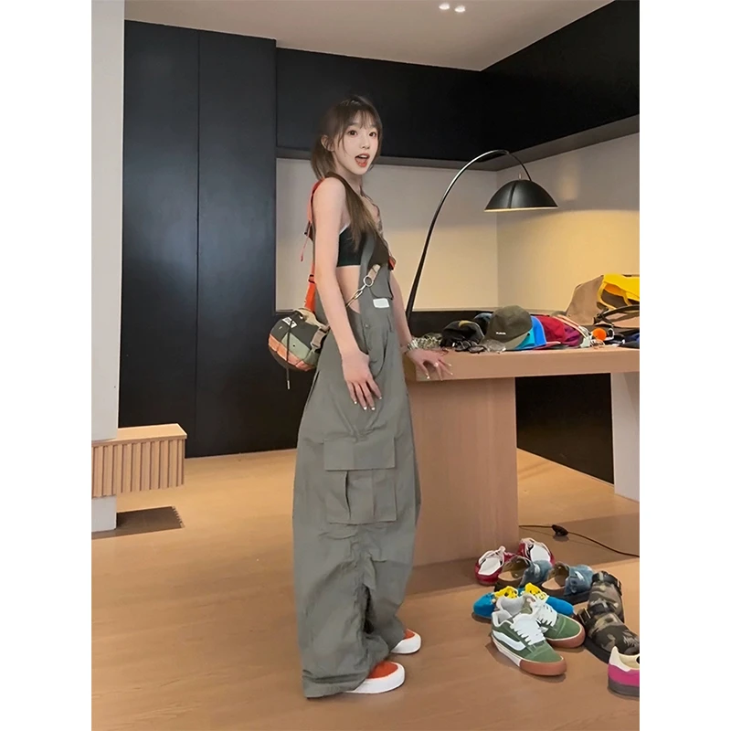 KSKM机能风工装背带裤女2025春季新款日系复古山系户外休闲阔腿裤