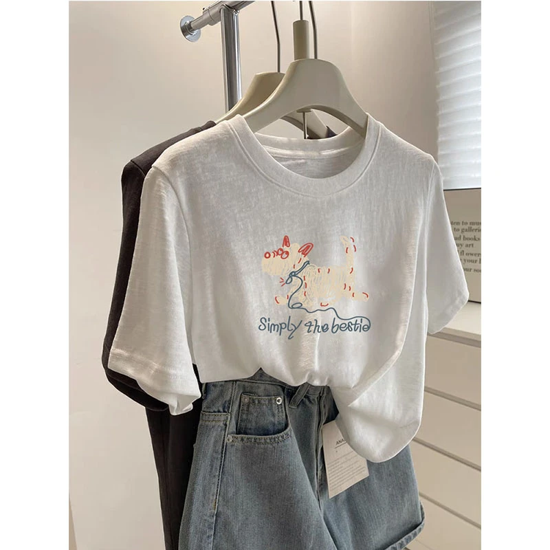 设计感圆领正肩雪花棉短袖t恤女2025新款时尚百搭卡通上衣夏季潮