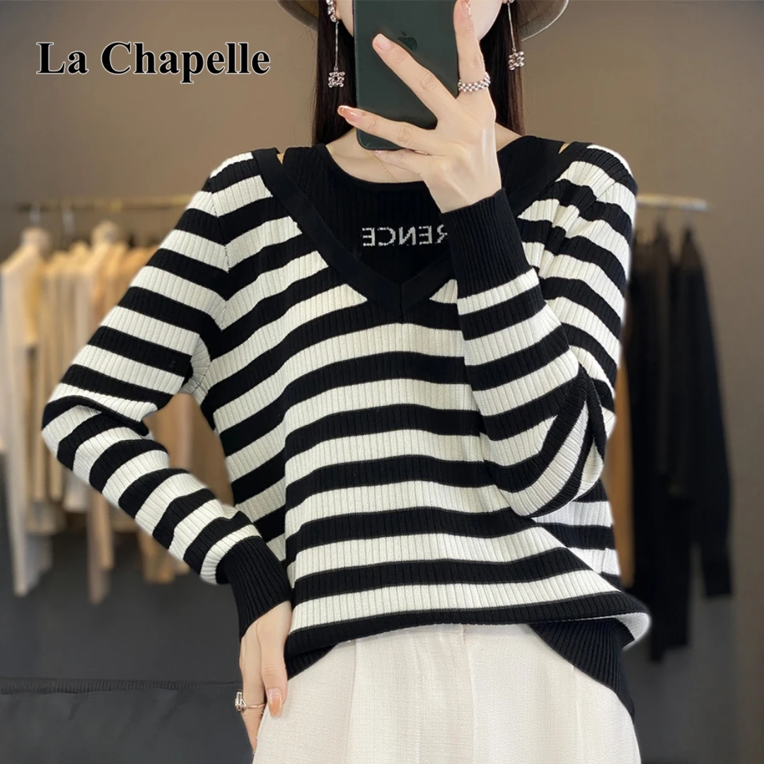 拉夏贝尔初秋爆款条纹假两件镂空针织衫女装小众时尚显瘦百搭上衣