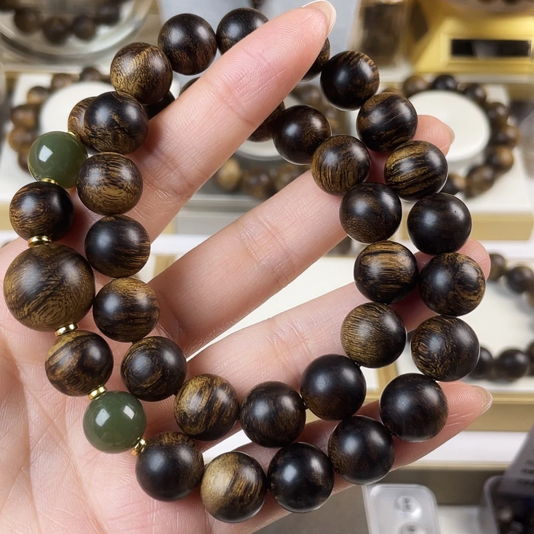 勇***钱手串沉香越南芽庄老白棋窖藏古董玉化瘤疤虎斑1.2