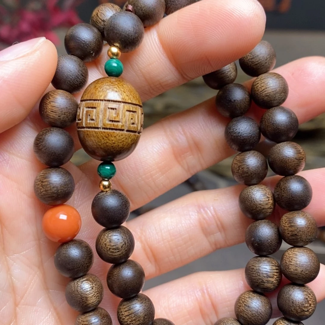 沉香手串越南芽庄紫棋 08➕富森红土枣珠沉香木雕