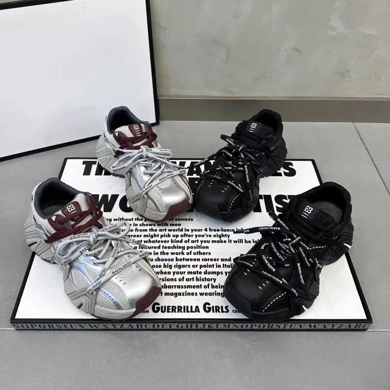 潮流拼色系带老爹鞋女2025早春新款厚底增高运动休闲鞋