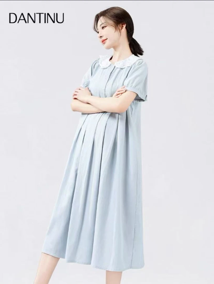 孕妇连衣裙2025新款夏季外传薄款大码宽松短袖娃娃领A字长裙夏款