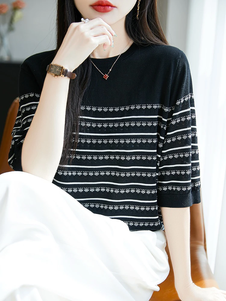 【100天丝莱赛尔】半袖提花2025新款夏季宽松百搭条纹针织