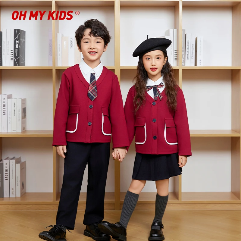 幼儿园园服红色开衫三件套冬季儿童英伦风毛衣套装一年级校服班服