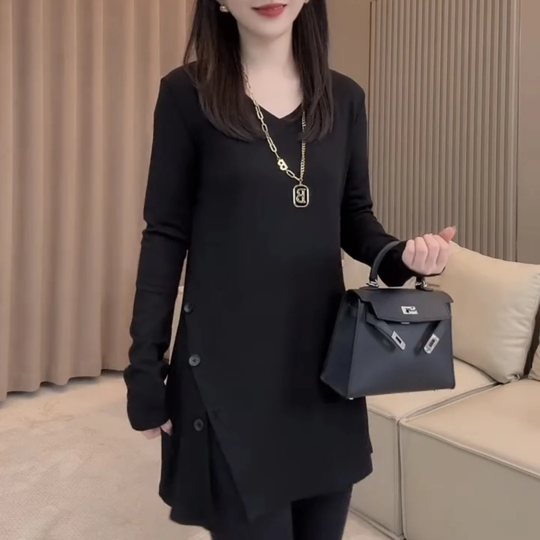 韩系条纹V领长袖T恤女秋冬中长款宽松显瘦开叉设计感上衣打底衫