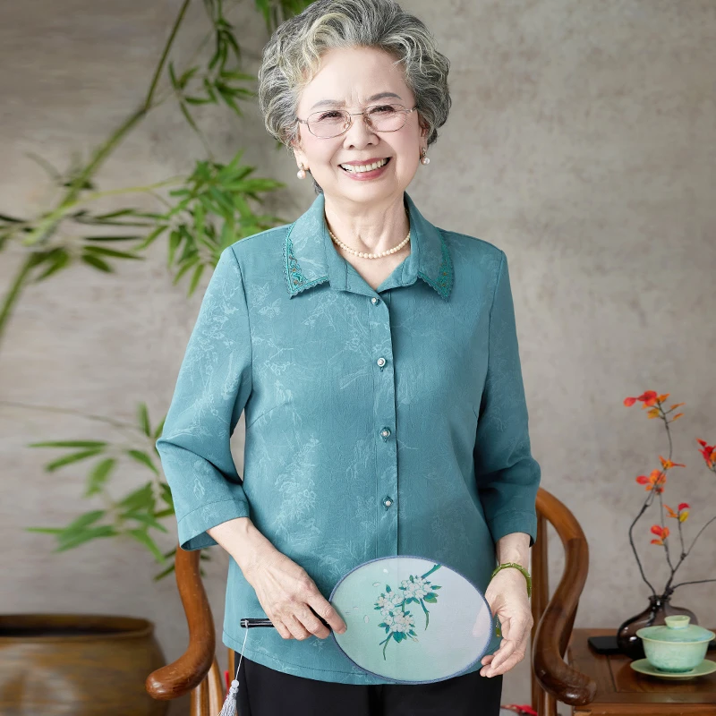 奶奶夏装衬衫七分袖翻领上衣中老年人妈妈夏季宽松衬衣老太太衣服