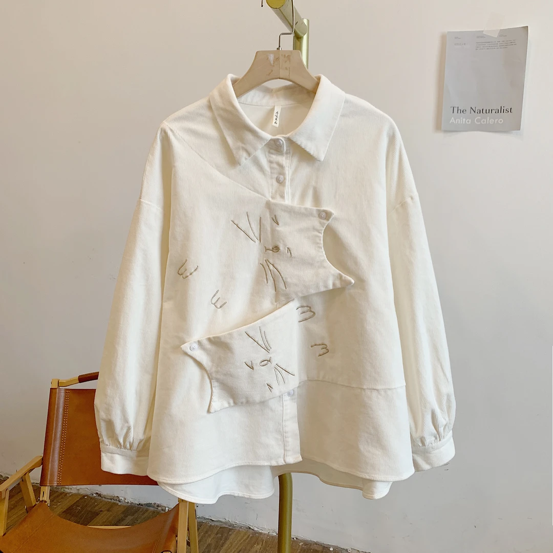 瞌睡猫猫Y3265小猫刺绣灯芯绒全开扣翻领衬衫