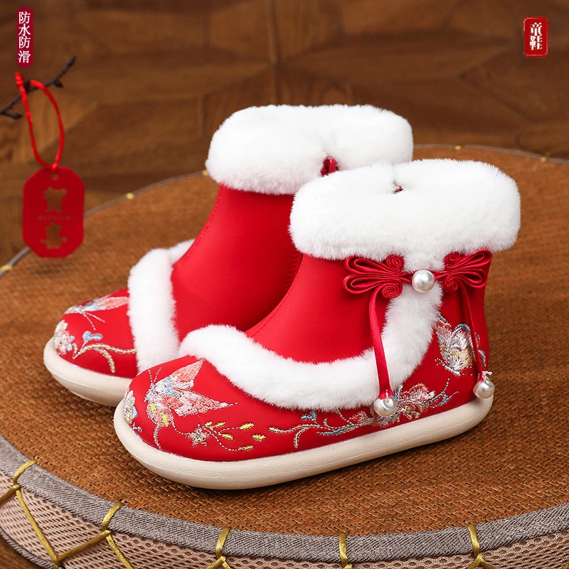 汉服鞋女童冬季新款雪地靴防水防滑宝宝古风加绒拜年小女孩古风鞋