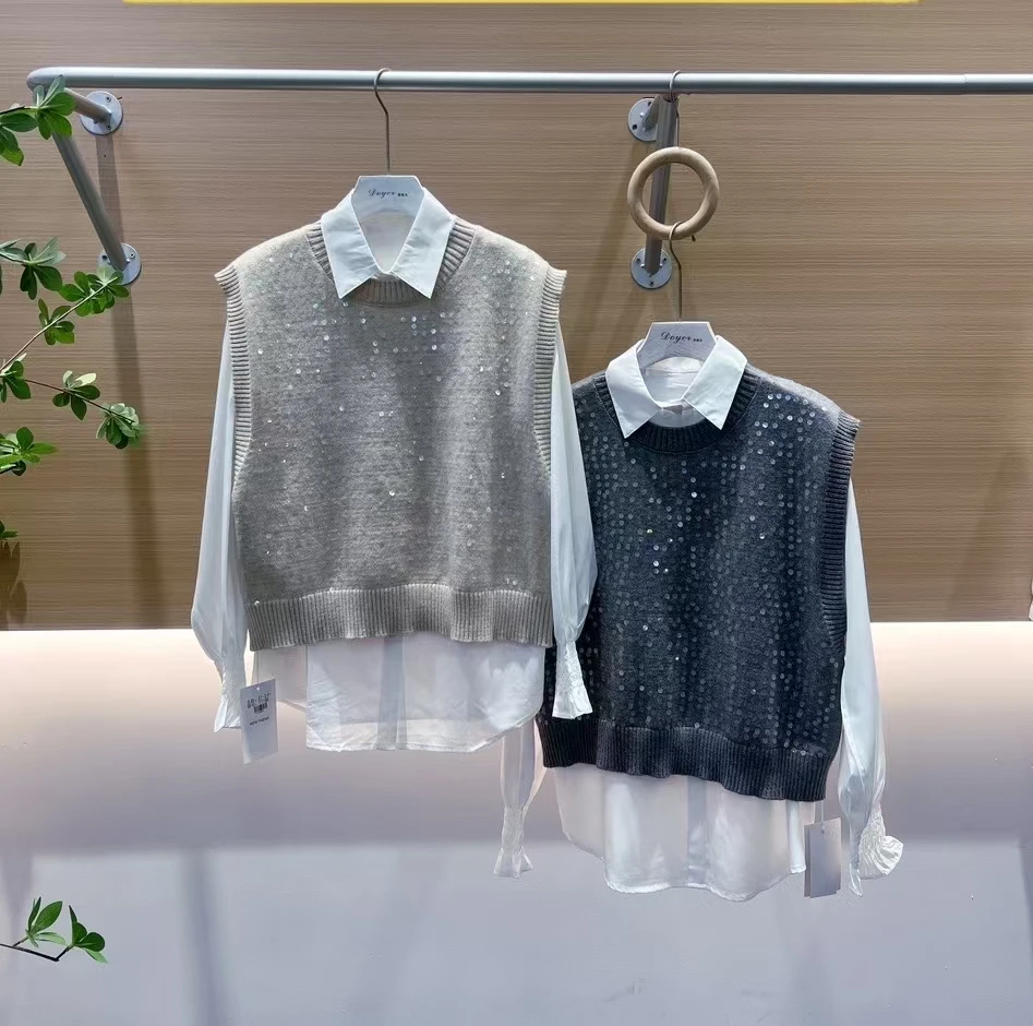 针织圆领植物花卉立体装饰秋季马夹蝴蝶结上衣女士SJ23