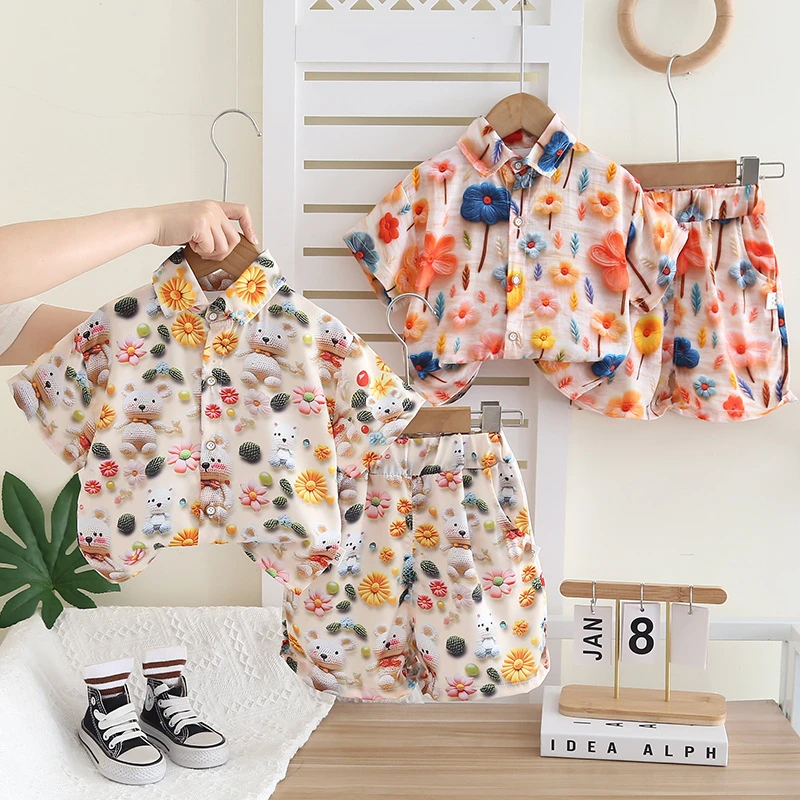 2025夏季新款童装卡通花朵满印衬衫小孩短袖外贸休闲度假两件套潮