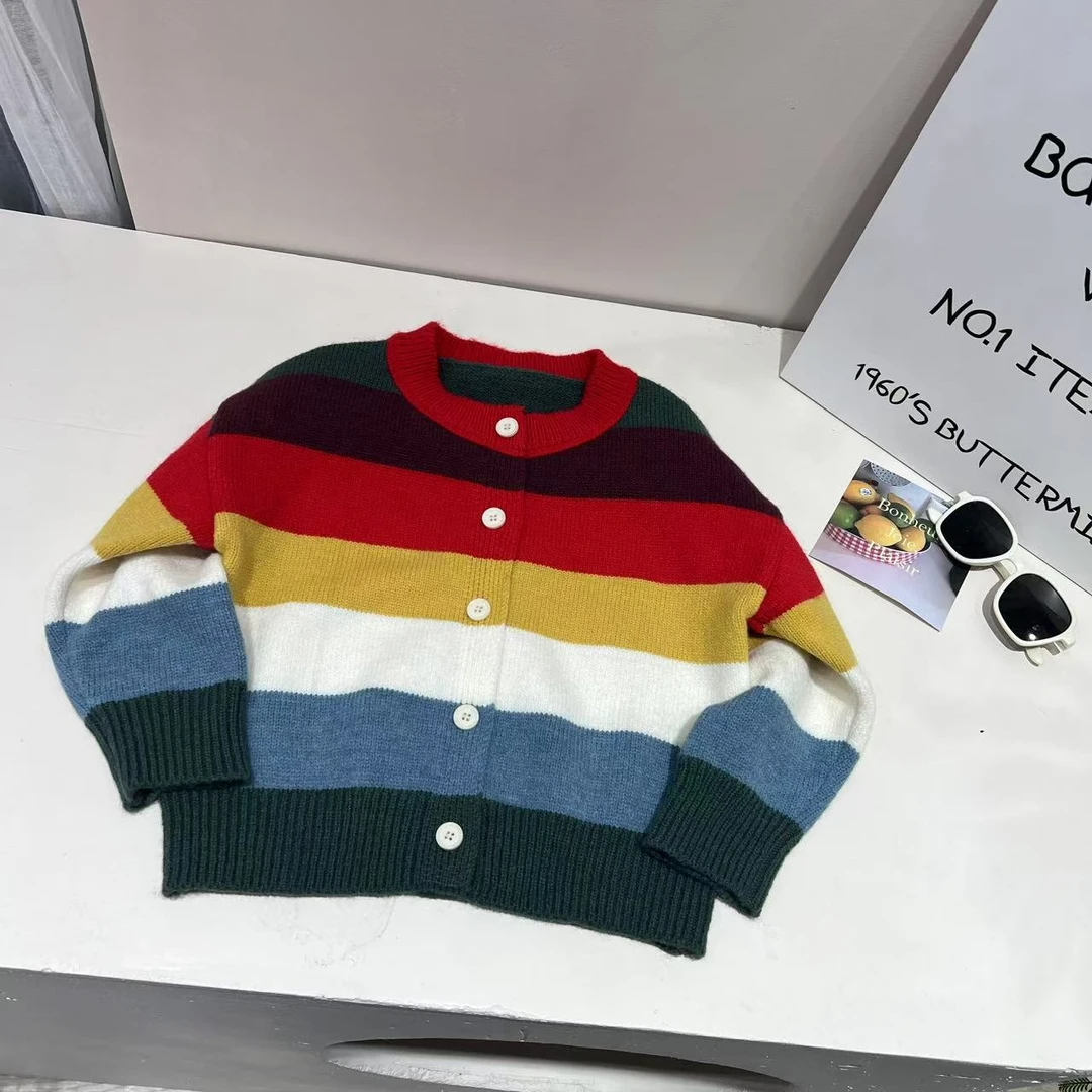 2025年春季新款儿童潮流开衫外套百搭宽松时尚洋气50114彩虹毛衣