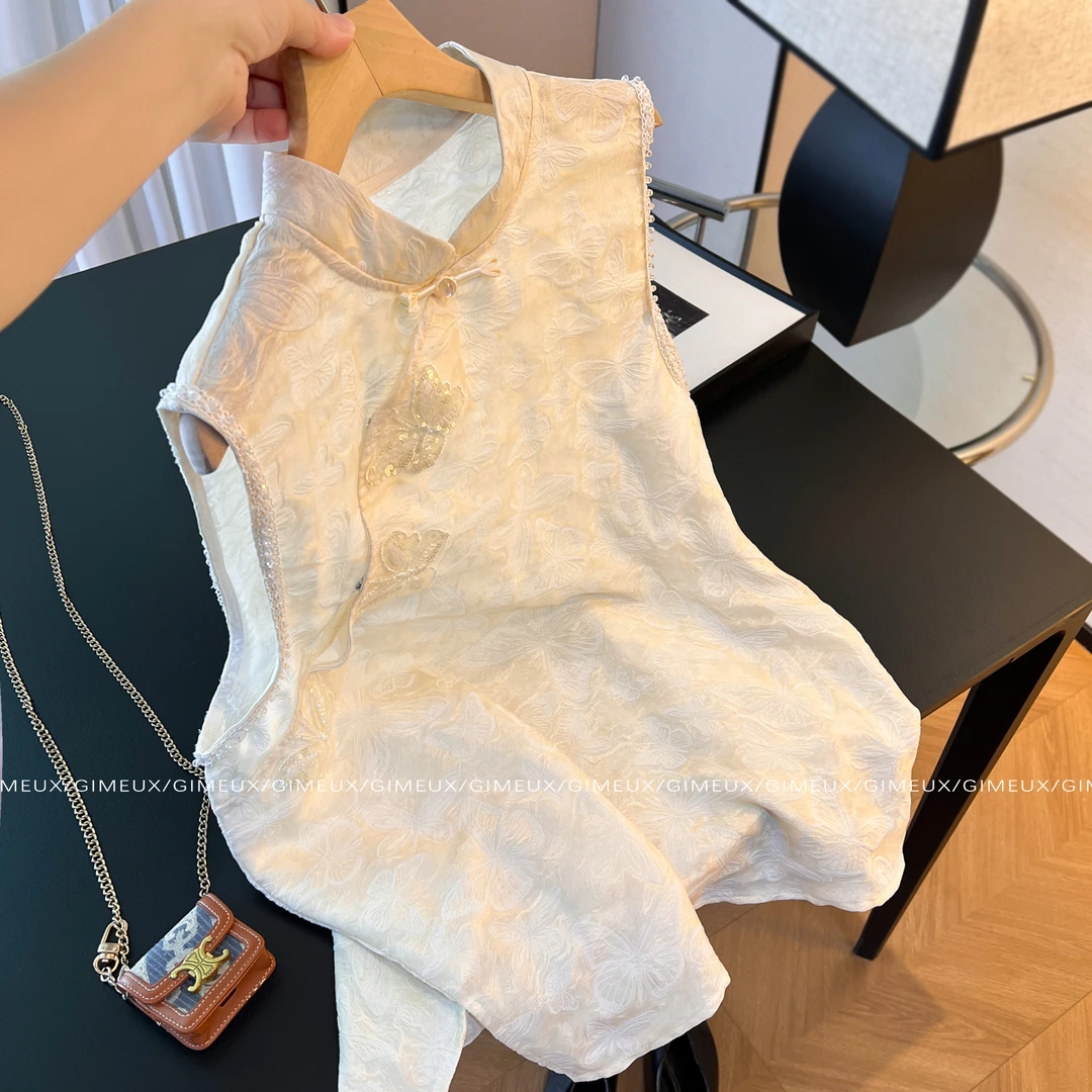 新中式背心马甲女2025新款国风提花盘扣复古高级感立领无袖上衣夏