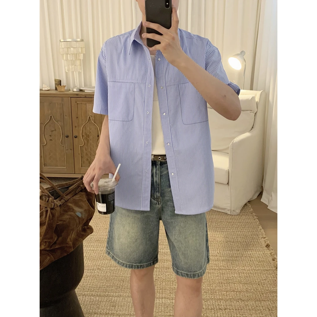 阿茶与阿古蓝色条纹短袖衬衫男款夏季潮流学院风休闲衬衣A2504712
