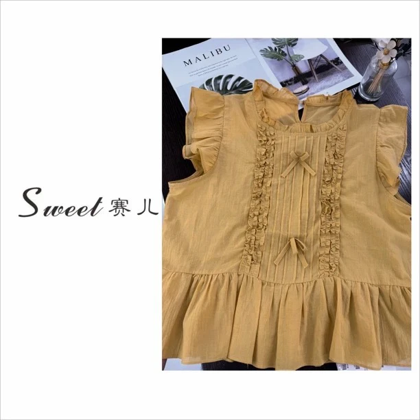 【赛儿专属】｛2603｝夏季气质显瘦木耳花边压褶短袖衬衫时尚减龄