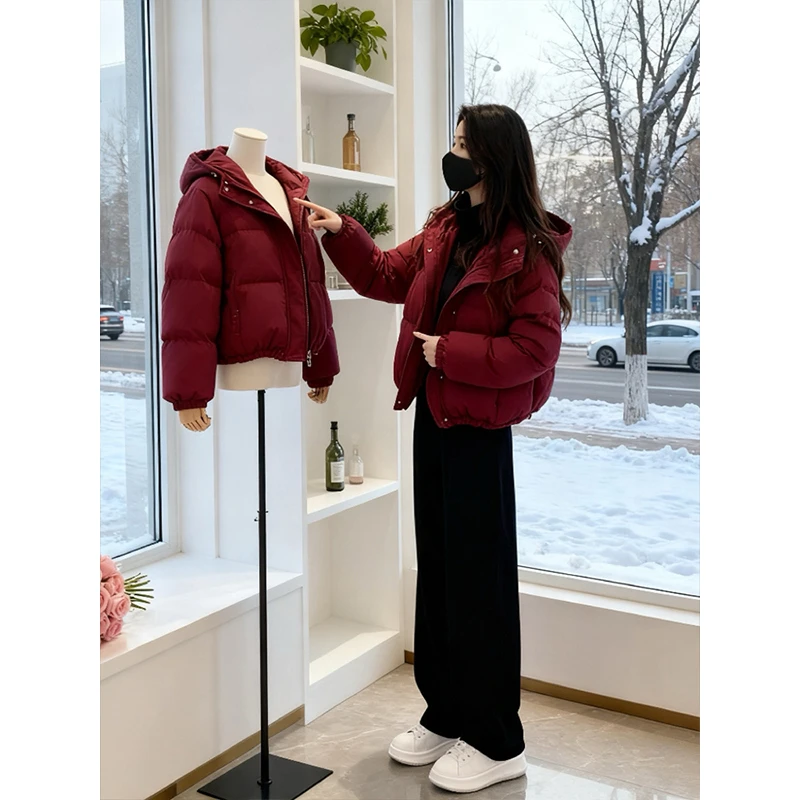 韩系酒红色连帽棉服女款秋冬季小个子短裤加厚保暖棉袄面包服外套