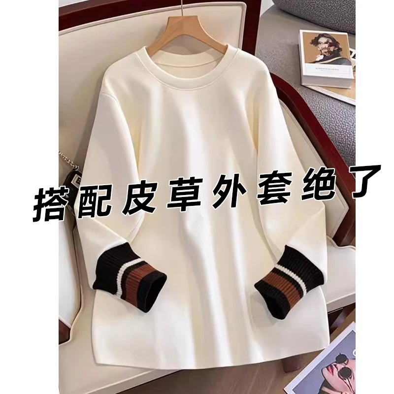 优质版纯棉白色内搭打底女新款春秋冬宽松加绒长袖t恤上衣配外套