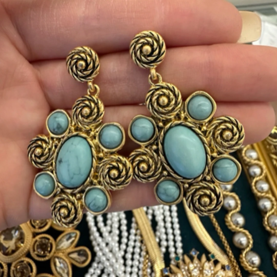 铜合金耳饰 【5230】耳钉复古流苏风蓝色手工长款饰品素款欧美