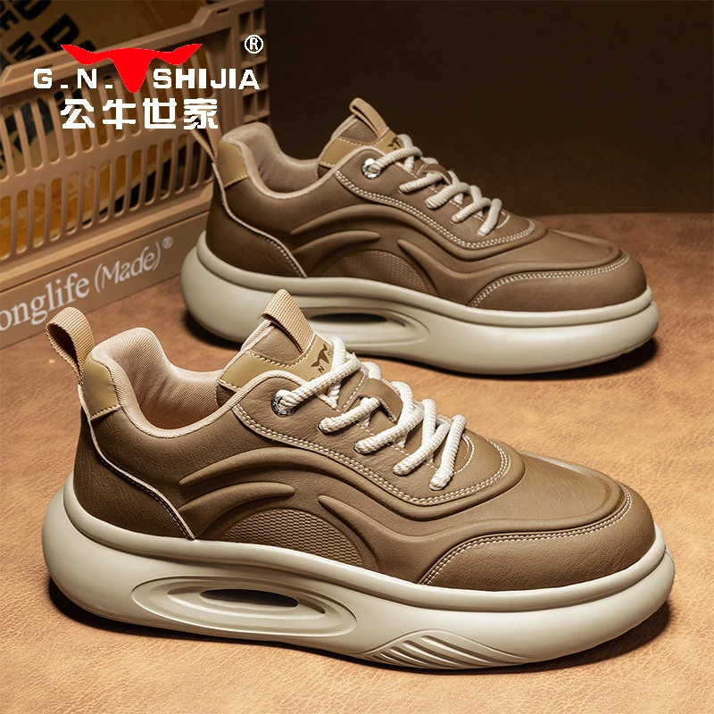公牛世家男鞋秋冬款复古舒适厚底增高休闲板鞋中帮百搭男士工装鞋