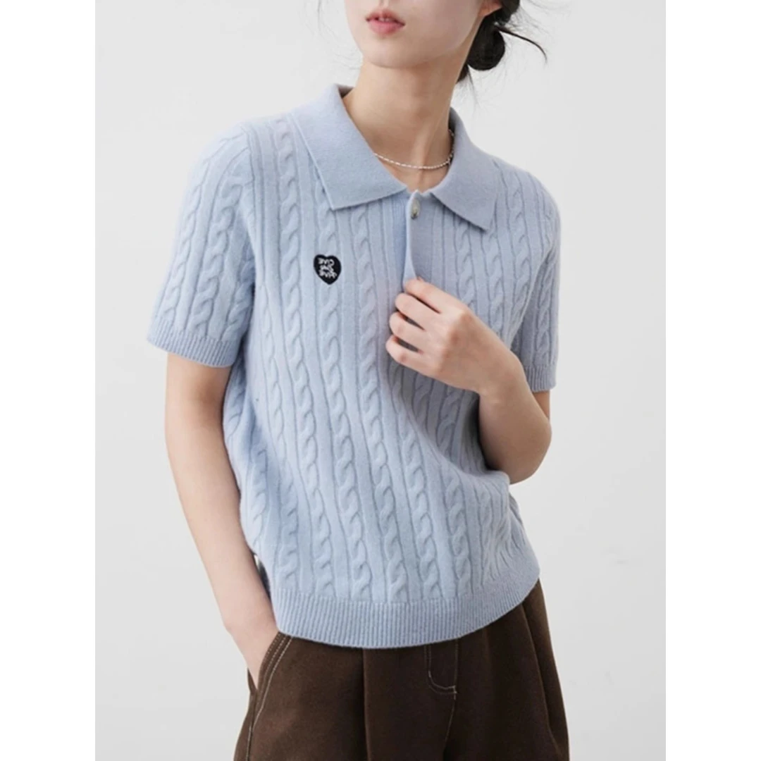 复古麻花短袖针织衫女夏季时尚洋气刺绣百搭体恤别致流行套头上衣