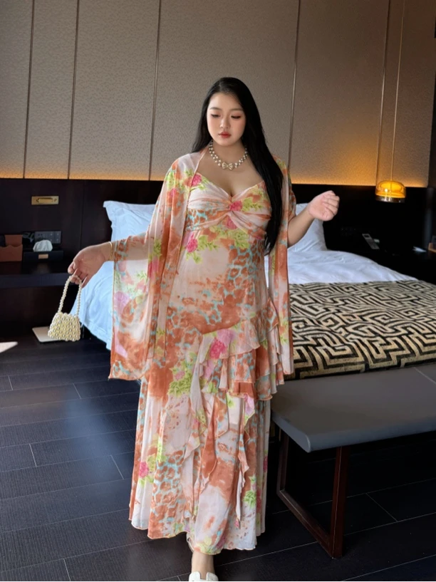 荷叶边长裙吊带夏季大码连衣裙甜美风常规V领A字裙