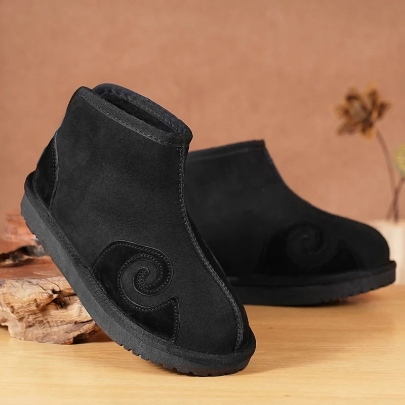 自在仙云勾鞋 道家真皮羊皮毛一体短筒靴子加绒加厚高帮棉鞋国风
